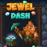 Mineros y joyas brillantes en un túnel con un gráfico colorido y letras Jewel Dash