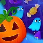 Calabaza sonriente, fantasmas azules, caramelos amarillos, sombreros de bruja y guantes verdes en un fondo oscuro