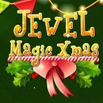 Texto Jewel Magic Xmas en un fondo verde con decoraciones navideñas como cintas, luces y un lazo rojo con hojas de acebo