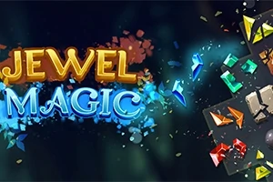 Texto brillante que dice JEWEL MAGIC con joyas de colores esparcidas a la derecha sobre un fondo oscuro