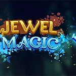 Texto brillante que dice JEWEL MAGIC con joyas de colores esparcidas a la derecha sobre un fondo oscuro