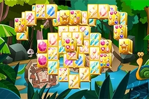 Bloques dorados con gemas de colores apilados frente a un fondo de jungla con un caracol y un río
