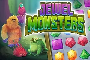 Monstruos coloridos junto a una cuadrícula de joyas brillantes con el texto Jewel Monsters