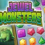 Monstruos coloridos junto a una cuadrícula de joyas brillantes con el texto Jewel Monsters