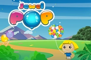 Imagen de una niña rubia en un paisaje colorido sosteniendo globos, con un letrero brillante de Jewel Pop en el cielo