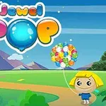 Imagen de una niña rubia en un paisaje colorido sosteniendo globos, con un letrero brillante de Jewel Pop en el cielo