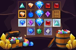 Gemas de diversos colores y formas con un cofre y un barril lleno de joyas en el fondo de una cueva