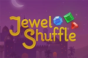 Texto Jewel Shuffle en amarillo con fondo de castillo al atardecer y gemas de colores