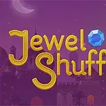 Texto Jewel Shuffle en amarillo con fondo de castillo al atardecer y gemas de colores