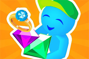 Personaje azul con gorra verde sostiene gemas coloridas y un anillo brillante sobre un fondo naranja