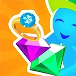 Personaje azul con gorra verde sostiene gemas coloridas y un anillo brillante sobre un fondo naranja
