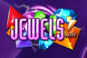 Texto brillante de Jewels Blitz rodeado de gemas coloridas en un fondo púrpura