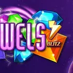 Texto brillante de Jewels Blitz rodeado de gemas coloridas en un fondo púrpura