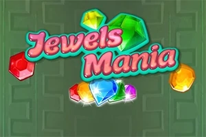 Título colorido Jewels Mania con joyas brillantes de varios colores sobre un fondo verde