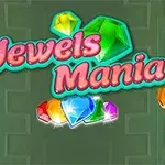 Título colorido Jewels Mania con joyas brillantes de varios colores sobre un fondo verde