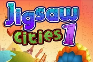 Texto colorido y grandes letras que dicen Jigsaw Cities 1 sobre un fondo con una ilustración de piezas de rompecabezas y elementos de una ciudad