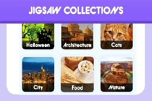 Seis recuadros de diferentes categorías visuales con los temas: Halloween, Arquitectura, Gatos, Ciudad, Comida y Naturaleza