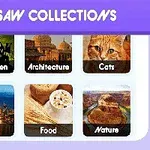 Seis recuadros de diferentes categorías visuales con los temas: Halloween, Arquitectura, Gatos, Ciudad, Comida y Naturaleza