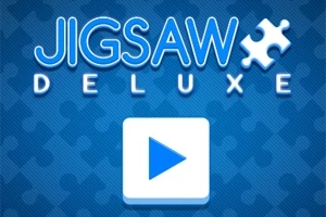 Fondo azul con un diseño de piezas de rompecabezas y un botón de reproducción triangular blanco al centro, acompañados del texto Jigsaw Deluxe