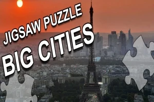 Vista de la Torre Eiffel al atardecer con piezas de rompecabezas y texto en la imagen