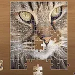 Rompecabezas sin terminar de un gato con piezas dispersas sobre una superficie de madera