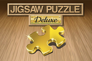 Texto Jigsaw Puzzle Deluxe sobre un fondo de madera con una pieza de rompecabezas dorada brillante en el centro
