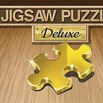 Texto Jigsaw Puzzle Deluxe sobre un fondo de madera con una pieza de rompecabezas dorada brillante en el centro