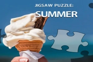 Un cono de helado con barquillos en un fondo de playa, con texto que dice Jigsaw Puzzle: Summer