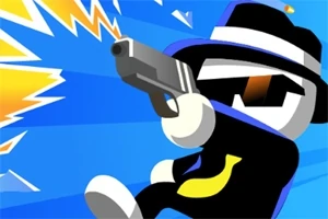 Personaje de dibujos animados con sombrero y gafas de sol disparando una pistola, con fondo azul y efectos de explosión