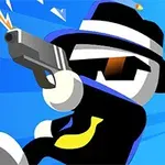 Personaje de dibujos animados con sombrero y gafas de sol disparando una pistola, con fondo azul y efectos de explosión