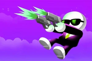 Personaje de figura blanca con traje oscuro y gafas de sol disparando pistolas con destellos verdes sobre un fondo morado