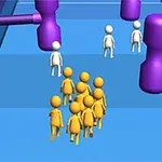 Grupo de figuras humanoides blancas y amarillas sobre una plataforma azul con grandes martillos morados