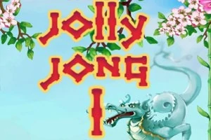 Texto rojo Jolly Jong I sobre un fondo azul claro con flores rosas y un dragón verde claro