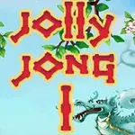 Texto rojo Jolly Jong I sobre un fondo azul claro con flores rosas y un dragón verde claro