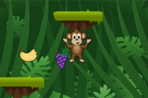Mono animado con plataformas, plátano y uvas en un fondo de selva verde