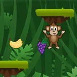 Mono animado con plataformas, plátano y uvas en un fondo de selva verde