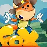Un zorro animado con sombrero y guantes, frente a letras amarillas que dicen Fox, en un paisaje de colinas y árboles