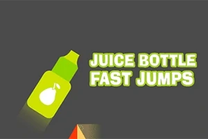Botella de jugo verde con una pera y texto JUICE BOTTLE FAST JUMPS en letras blancas con sombra verde