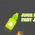 Botella de jugo verde con una pera y texto JUICE BOTTLE FAST JUMPS en letras blancas con sombra verde