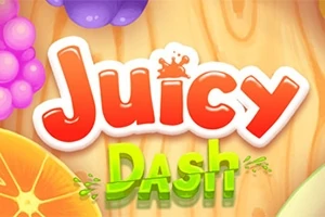 Texto colorido Juicy Dash con frutas en el fondo sobre una superficie de madera