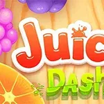 Texto colorido Juicy Dash con frutas en el fondo sobre una superficie de madera
