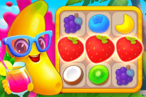 Un plátano animado con gafas de sol sostiene una bebida mientras se muestra un tablero de juego con frutas como fresas, uvas y cocos