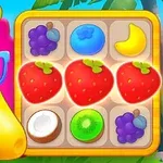 Un plátano animado con gafas de sol sostiene una bebida mientras se muestra un tablero de juego con frutas como fresas, uvas y cocos