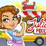 Ilustración de una mujer sonriente frente a un camión de comida con un letrero que dice Julias Food Truck, rodeado de papas fritas y una hamburguesa