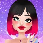 Mujer animada con cabello negro y puntas rosadas, mostrando uñas decoradas sobre un fondo morado con destellos