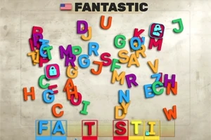 Letras coloridas esparcidas sobre un fondo claro con la palabra FANTASTIC en la parte superior y letras organizadas en la parte inferior