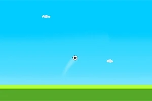 Un balón de fútbol volando en el cielo azul con nubes pequeñas y un campo verde debajo