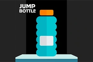 Botella azul con tapa naranja sobre una plataforma, con texto JUMP BOTTLE en la esquina superior izquierda