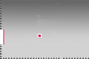 Un cuadrado rosa oscuro en un fondo gris con bordes dentados en la parte superior e inferior, y un pequeño resalte rosa en el borde izquierdo