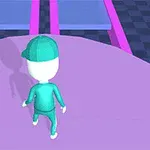 Personaje de dibujos animados en verde sobre una superficie morada avanzando hacia plataformas iluminadas en tonos rosa y azul